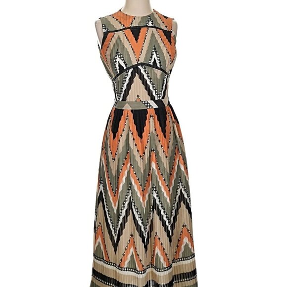 Geometric print olive & orange pleat tea dress, made in Portugal, size 4 US - Picture 1 of 9